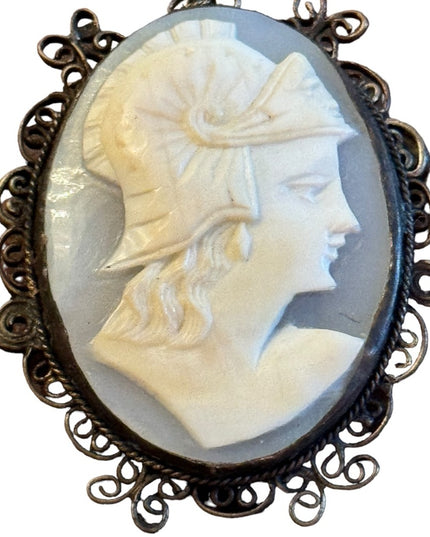 Vintage sterling silver 1940s Large shell cameo Roman soldier filagree brooch