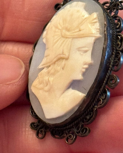 Vintage sterling silver 1940s Large shell cameo Roman soldier filagree brooch