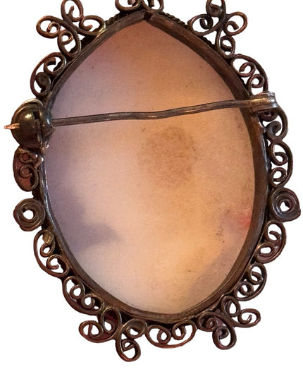 Vintage sterling silver 1940s Large shell cameo Roman soldier filagree brooch