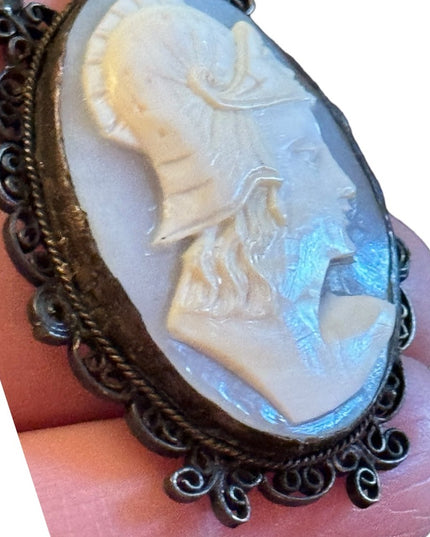 Vintage sterling silver 1940s Large shell cameo Roman soldier filagree brooch