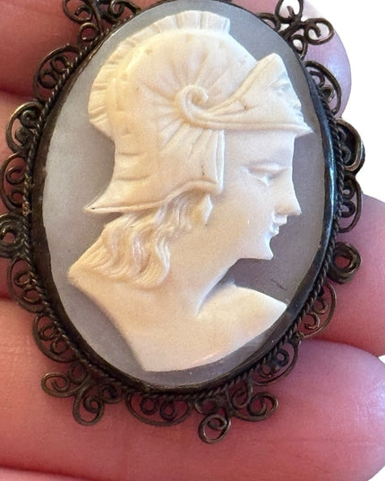 Vintage sterling silver 1940s Large shell cameo Roman soldier filagree brooch