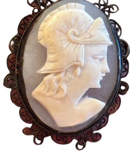 Vintage sterling silver 1940s Large shell cameo Roman soldier filagree brooch