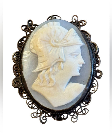 Vintage sterling silver 1940s Large shell cameo Roman soldier filagree brooch