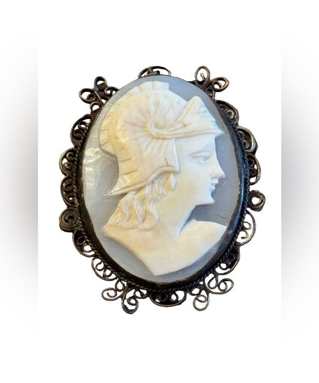 Vintage sterling silver 1940s Large shell cameo Roman soldier filagree brooch