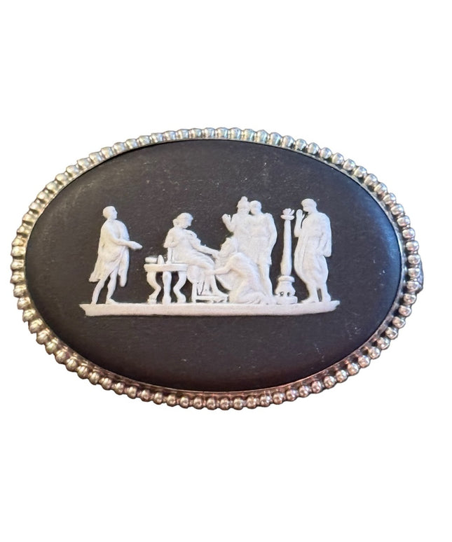Wedgewood Scene Brooch Sterling Silver and Black Jasperware, English hallmarks