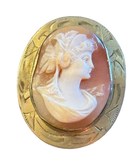 Vintage Gold filled Carved shell cameo etched bezel victorian lady