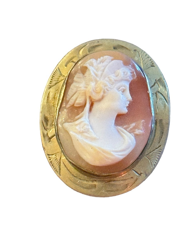 Vintage Gold filled Carved shell cameo etched bezel victorian lady