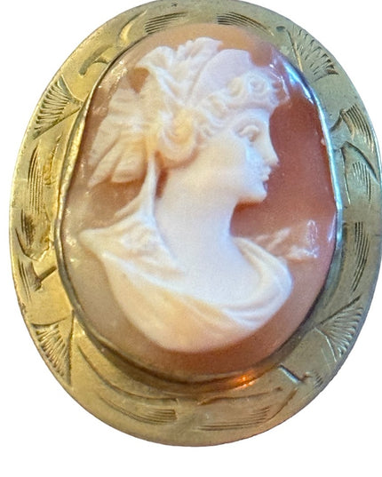 Vintage Gold filled Carved shell cameo etched bezel victorian lady