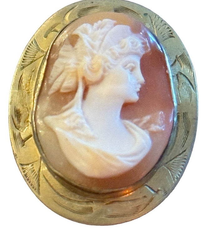 Vintage Gold filled Carved shell cameo etched bezel victorian lady