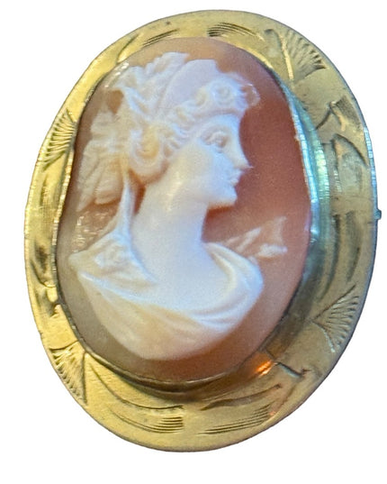 Vintage Gold filled Carved shell cameo etched bezel victorian lady