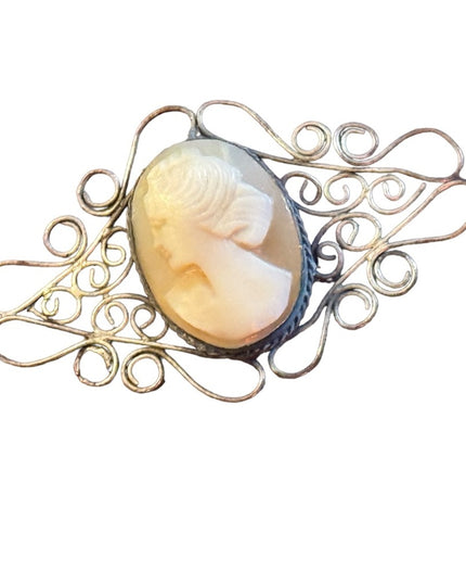 Antique 800 silver art deco filagree carved shell cameo brooch