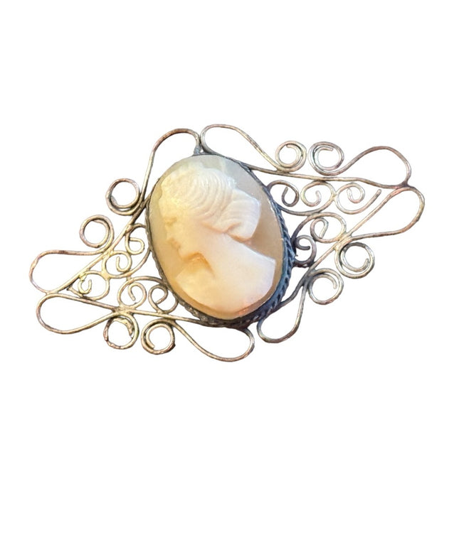 Antique 800 silver art deco filagree carved shell cameo brooch