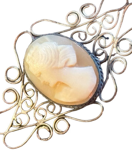 Antique 800 silver art deco filagree carved shell cameo brooch