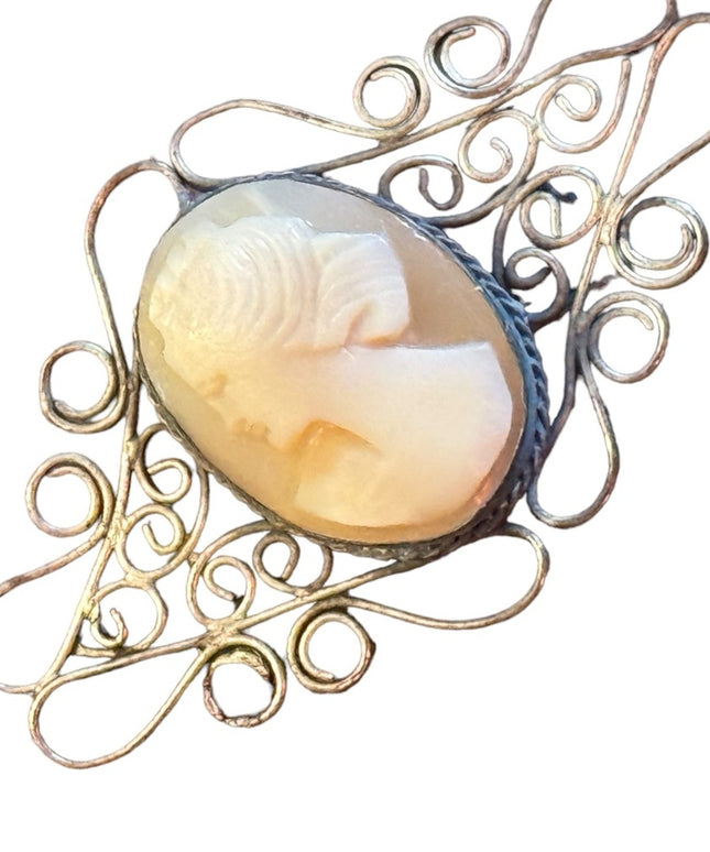 Antique 800 silver art deco filagree carved shell cameo brooch
