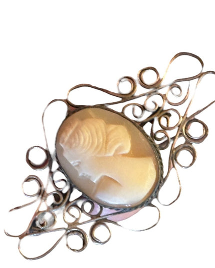 Antique 800 silver art deco filagree carved shell cameo brooch
