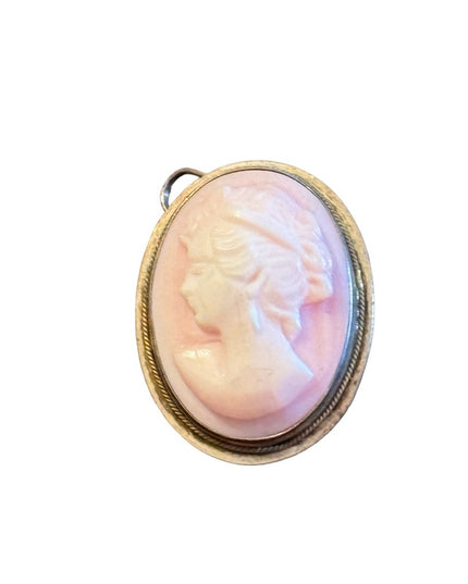 Lovely pink angel skin conch carved cameo brooch sterling silver 925 pendant
