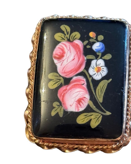 Antique Hand Painted Blue Flower Black Enamel Brooch Ornate Gold Lg Art Nouveau