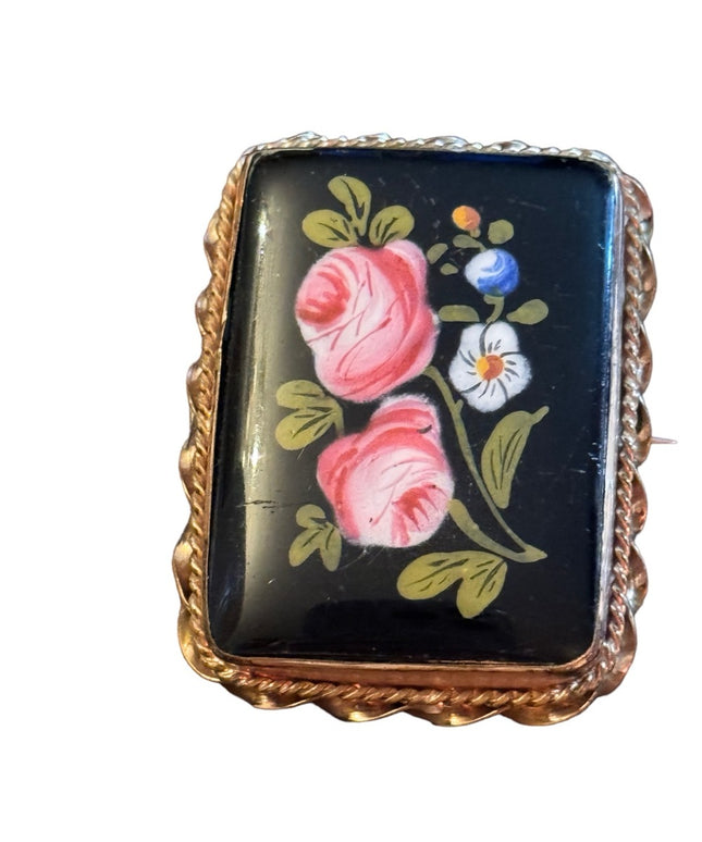 Antique Hand Painted Blue Flower Black Enamel Brooch Ornate Gold Lg Art Nouveau