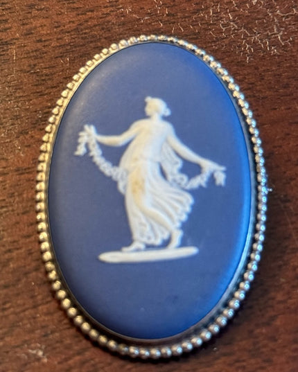 Wedgwood England Brooch 925 Sterling Silver Jasper Cameo Blue  Vintage