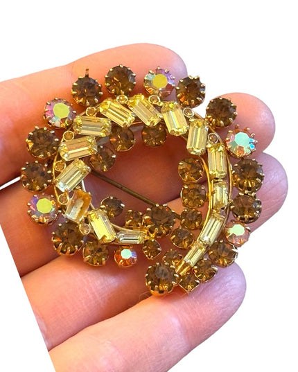 Vintage amber & pale yellow gold finish swirl crystal brooch