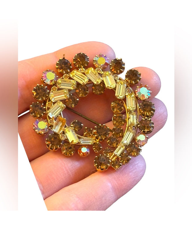 Vintage amber & pale yellow gold finish swirl crystal brooch
