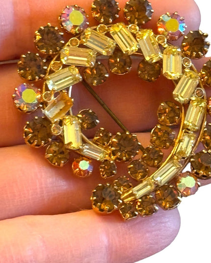 Vintage amber & pale yellow gold finish swirl crystal brooch