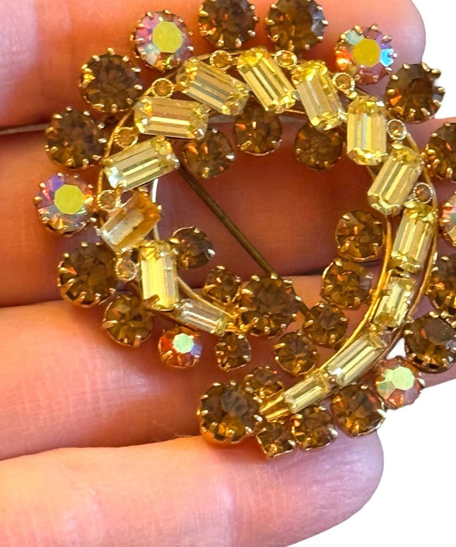 Vintage amber & pale yellow gold finish swirl crystal brooch