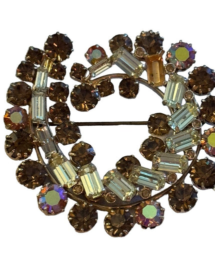 Vintage amber & pale yellow gold finish swirl crystal brooch