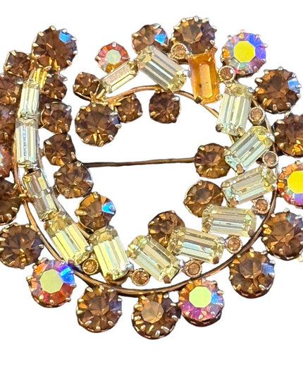 Vintage amber & pale yellow gold finish swirl crystal brooch