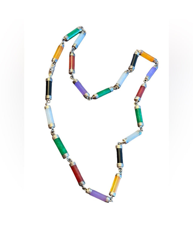 Vintage Chinese multi color jade sterling 925 link necklace