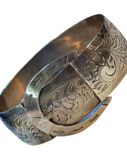 Vtg 1930s Art Deco Wide Buckle Flower Bangle sterling 925 Silver Bracelet