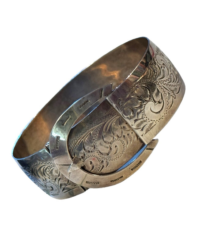 Vtg 1930s Art Deco Wide Buckle Flower Bangle sterling 925 Silver Bracelet
