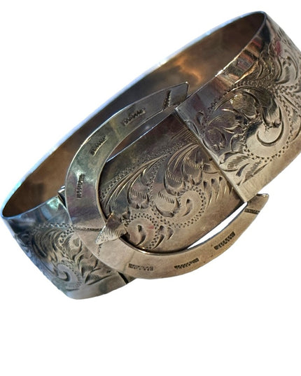 Vtg 1930s Art Deco Wide Buckle Flower Bangle sterling 925 Silver Bracelet