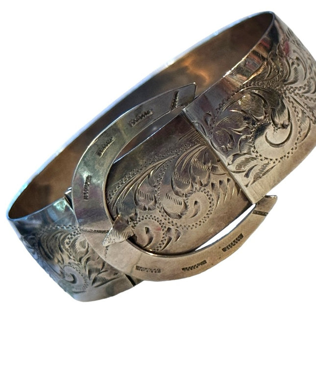 Vtg 1930s Art Deco Wide Buckle Flower Bangle sterling 925 Silver Bracelet