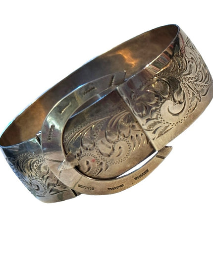 Vtg 1930s Art Deco Wide Buckle Flower Bangle sterling 925 Silver Bracelet