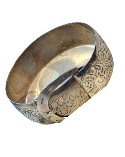 Vtg 1930s Art Deco Wide Buckle Flower Bangle sterling 925 Silver Bracelet