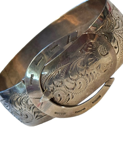 Vtg 1930s Art Deco Wide Buckle Flower Bangle sterling 925 Silver Bracelet
