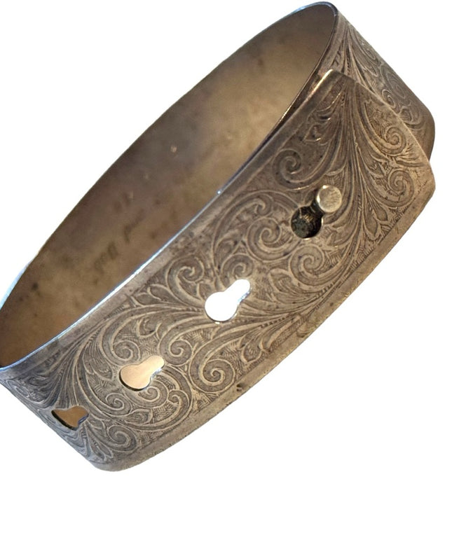 Vtg 1930s Art Deco Wide Buckle scrolled Bangle Sterling silver Bracelet 925