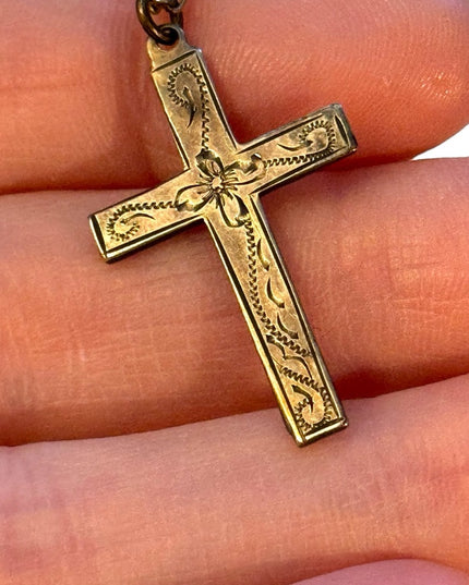Antique etched sterling silver 925 cross necklace