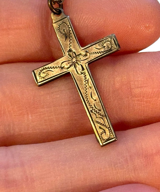 Antique etched sterling silver 925 cross necklace