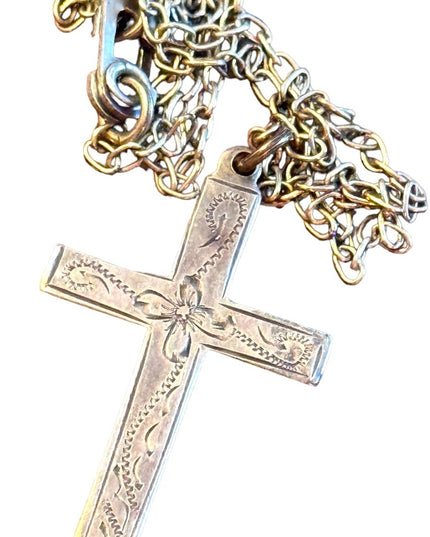 Antique etched sterling silver 925 cross necklace