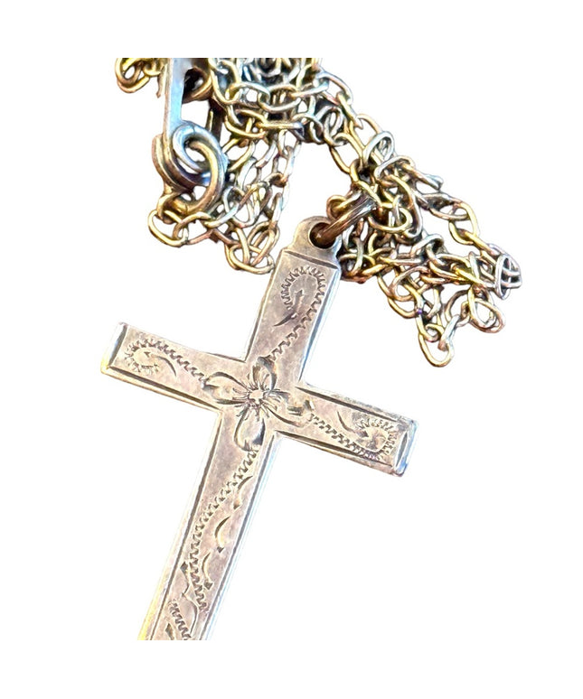 Antique etched sterling silver 925 cross necklace