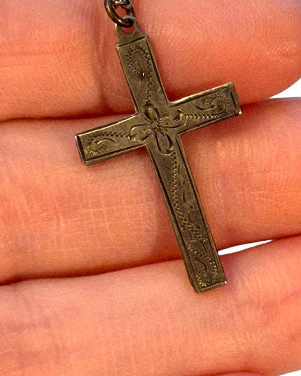 Antique etched sterling silver 925 cross necklace