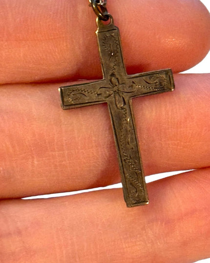 Antique etched sterling silver 925 cross necklace