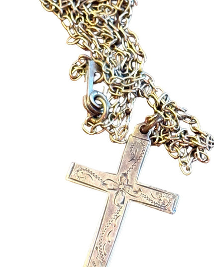 Antique etched sterling silver 925 cross necklace