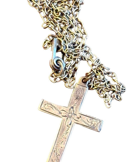 Antique etched sterling silver 925 cross necklace