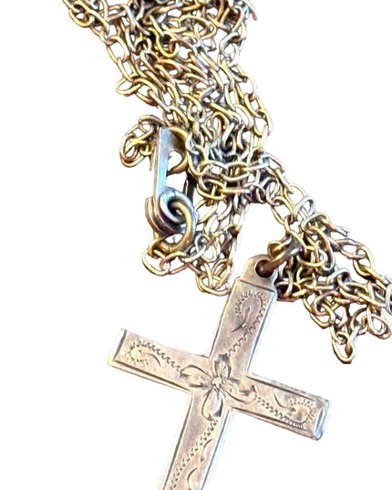 Antique etched sterling silver 925 cross necklace