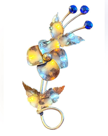Vintage gold plt sterling silver by Jordann Fancy flower brooch  blue crystals