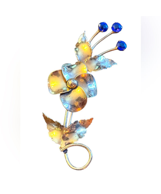 Vintage gold plt sterling silver by Jordann Fancy flower brooch  blue crystals