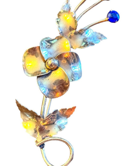 Vintage gold plt sterling silver by Jordann Fancy flower brooch  blue crystals